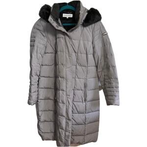 Calvin Klein Gray Duck Down Filled Long Puffer Hooded Coat Faux Fur Lining P XL